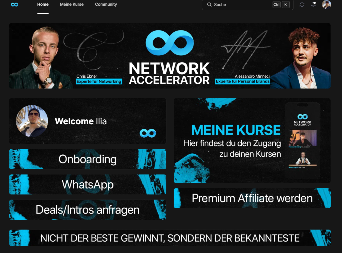 Dashboard des Network Accelerator mit Kursen, Community, Onboarding, WhatsApp und Anfragen für Deals und Introductions