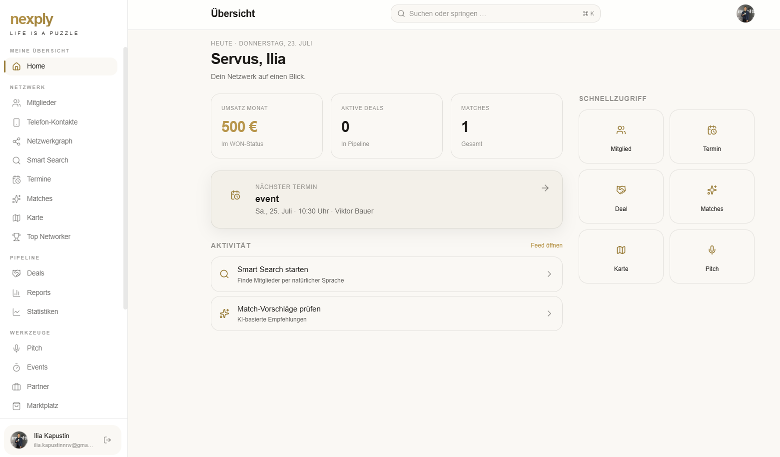 Nexply Übersicht mit Netzwerk, Deals und Matches