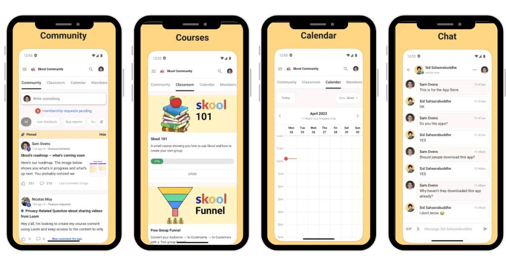 Skool Community, Kurse, Kalender und Chat in der mobilen Ansicht