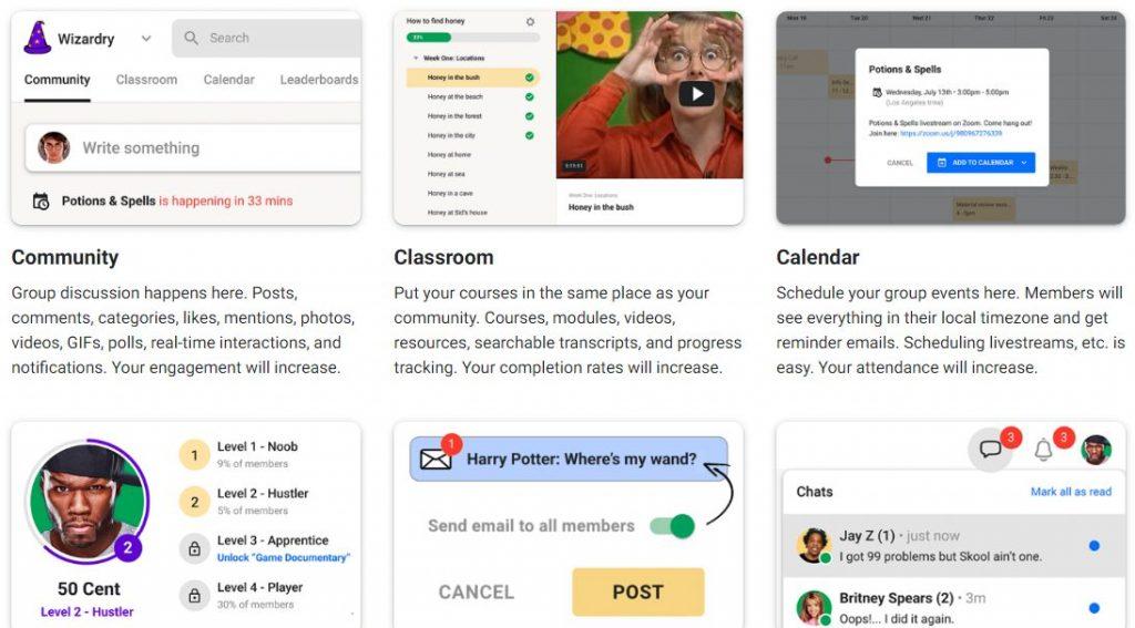 Übersicht zentraler Skool-Funktionen wie Community, Classroom und Kalender